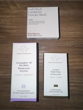Drunk Elephant Eye Balm and Bright Face Drops. Rare Beauty Blush. New unused